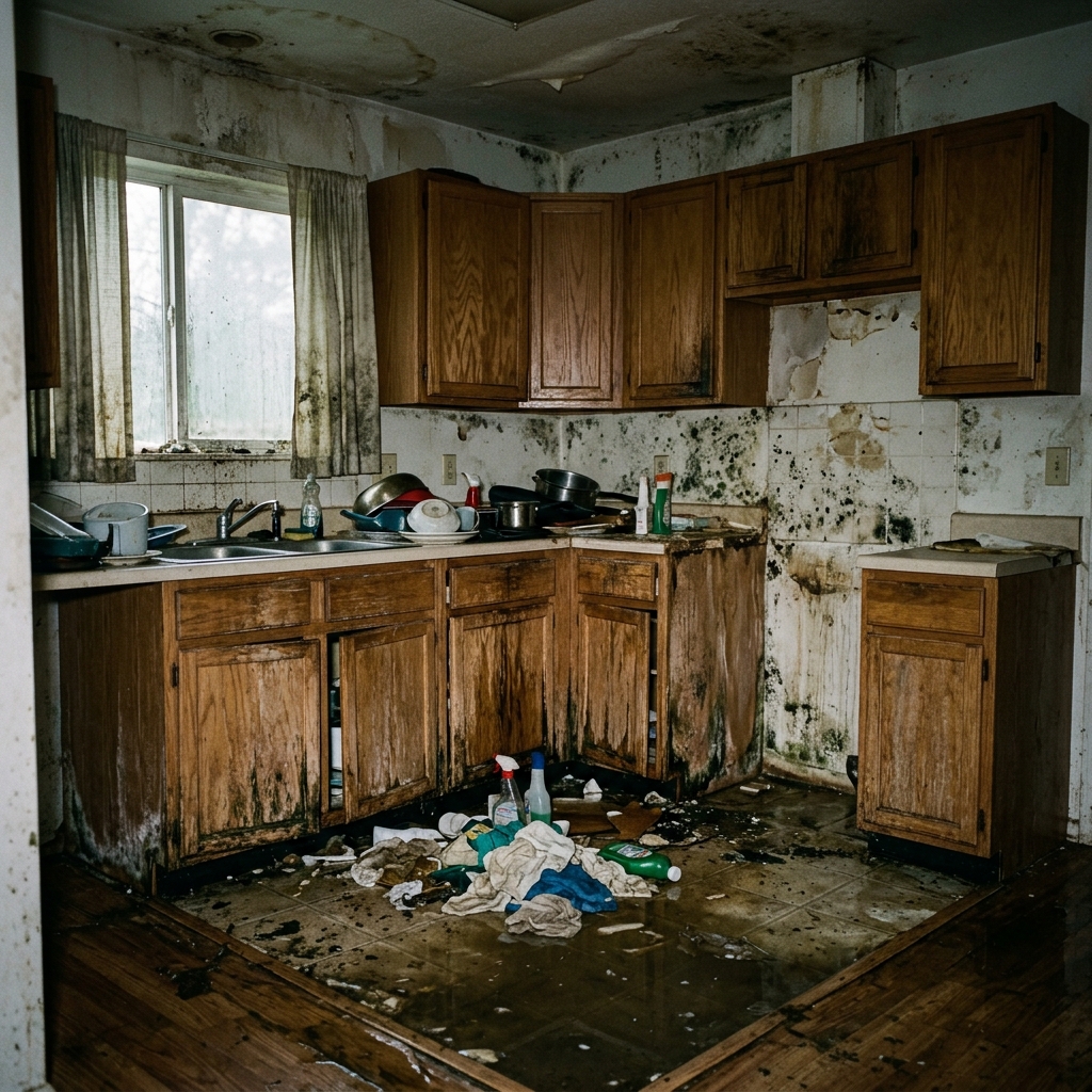 Cocina dañada por agua antes de la restauración